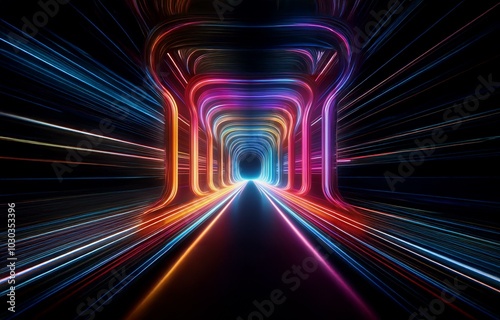 Fototapeta Naklejka Na Ścianę i Meble -  A dark background with a tunnel constructed of neon lights and a glowing, colorful path extending towards a vanishing point.