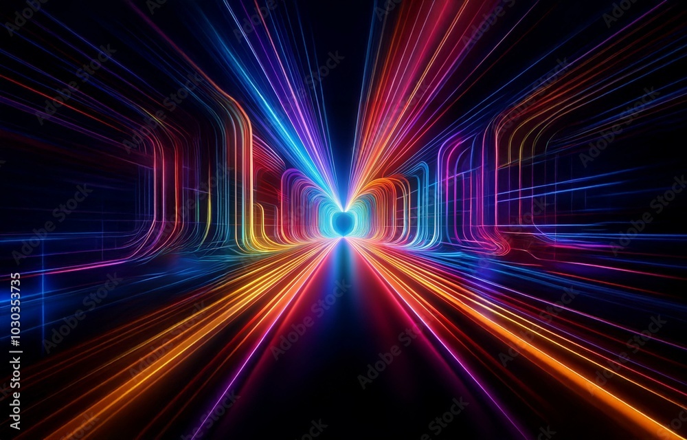 Abstract colorful neon light lines converging into a tunnel. Abstract colorful neon light lines converging into a tunnel.