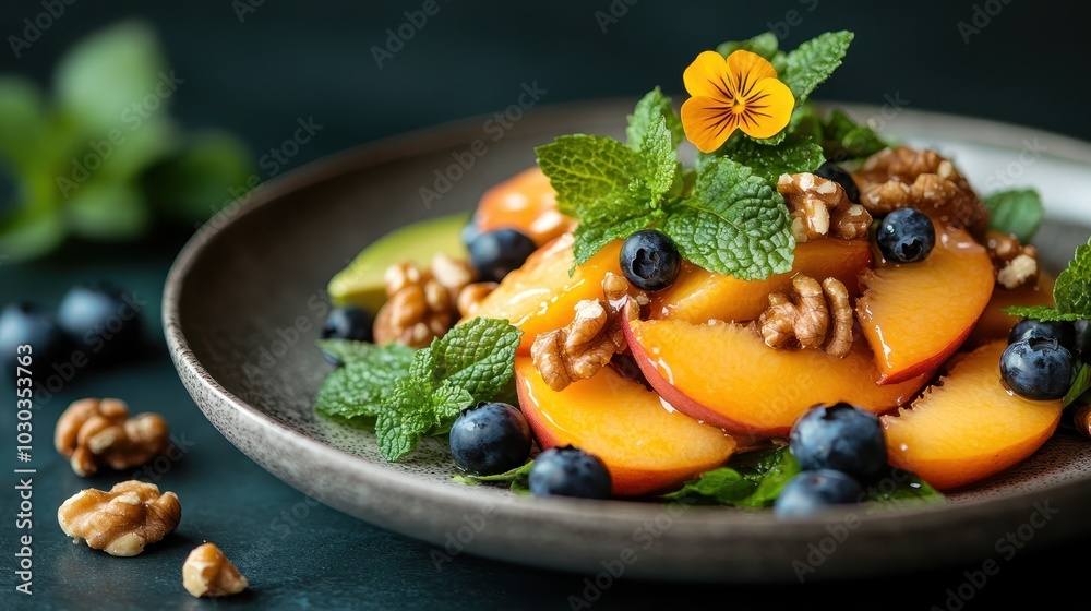 A delightful combination of peach slices, blueberries, and walnuts sprinkled with fresh mint leaves creates a refreshing and visually appealing salad presentation. A delightful combination of peach slices, blueberries, and walnuts sprinkled with fresh mint leaves creates a refreshing and visually appealing salad presentation.