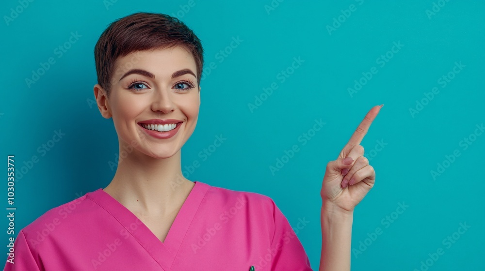 Portrait of young woman doctor in pink uniform pointing at copy space on blue background. Portrait of young woman doctor in pink uniform pointing at copy space on blue background.