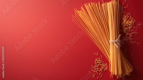 A creatively arranged nest of spaghetti with scattered fusilli on a rich red surface, showcasing a playful and artistic food presentation ideal for culinary inspiration. photo