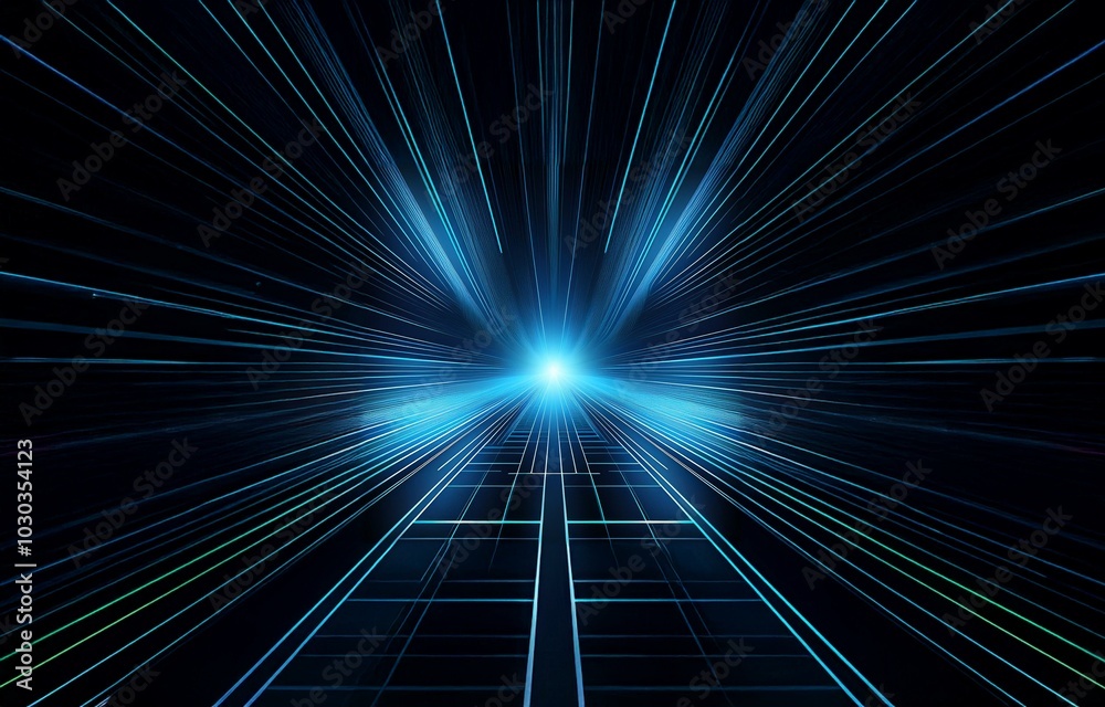 Abstract background with glowing blue lines forming a tunnel-like shape leading towards a bright light. Abstract background with glowing blue lines forming a tunnel-like shape leading towards a bright light.