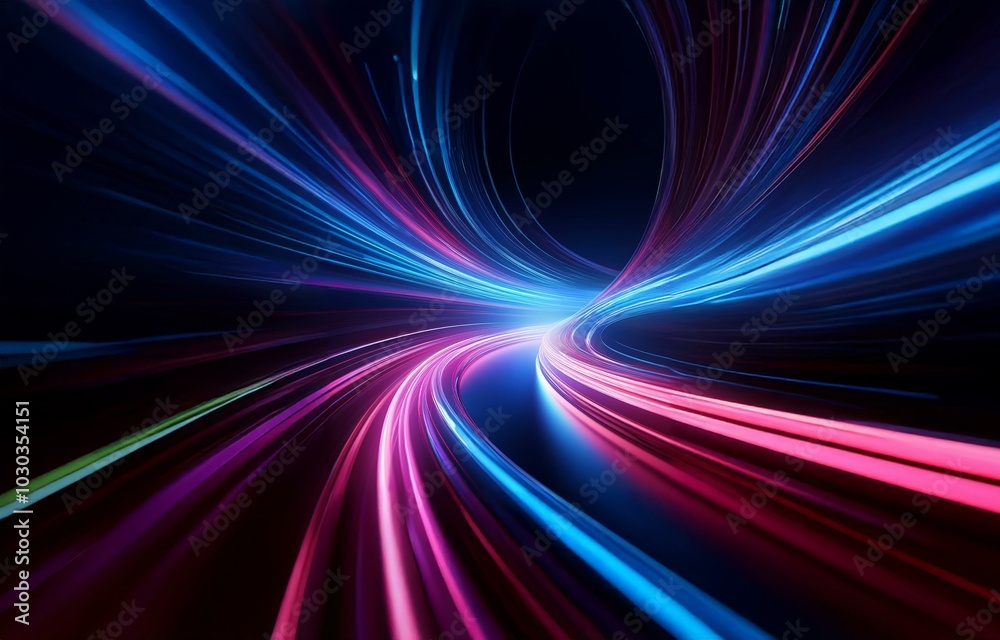 Abstract design featuring vibrant blue, pink, and purple streaks of light moving in a swirling pattern on a dark background. Abstract design featuring vibrant blue, pink, and purple streaks of light moving in a swirling pattern on a dark background.