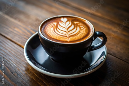 Wide-angle black coffee cup with latte art pattern