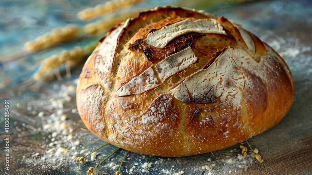 A freshly baked loaf of bread sits on a rustic wooden surface, dusted with flour