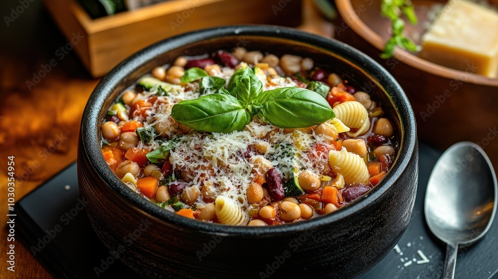 Rustic Black Bowl of Minestrone Soup with Basil Rustic Black Bowl of Minestrone Soup with Basil