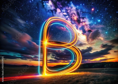 An enchanting long exposure showcases the letter B, surrounded by brilliant light trails and a sparkling night sky, creating a captivating celestial atmosphere. photo