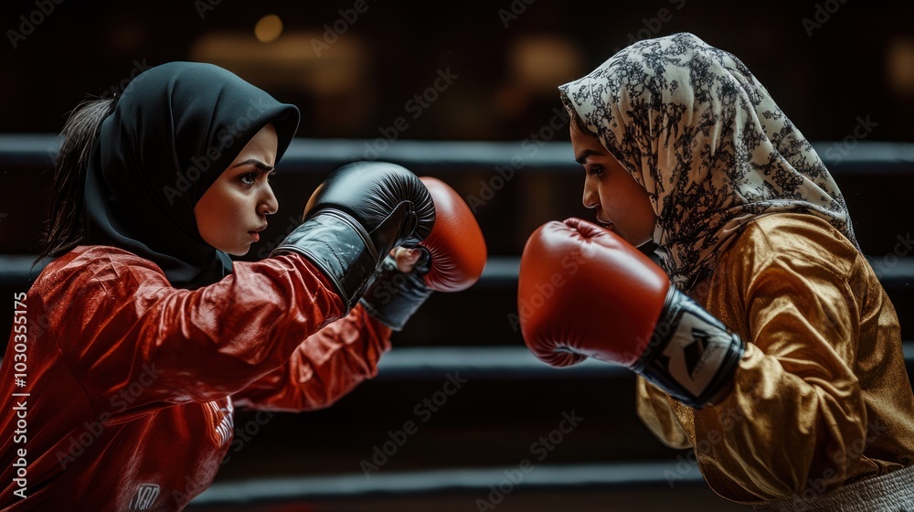 Women boxing in hijab, showcasing the power and strength of female fighters while respecting cultural attire Women boxing in hijab, showcasing the power and strength of female fighters while respecting cultural attire
