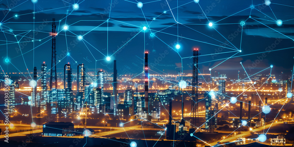 Fototapeta premium Digital network connections over modern city skyline | Smart city technology concept with connected industry