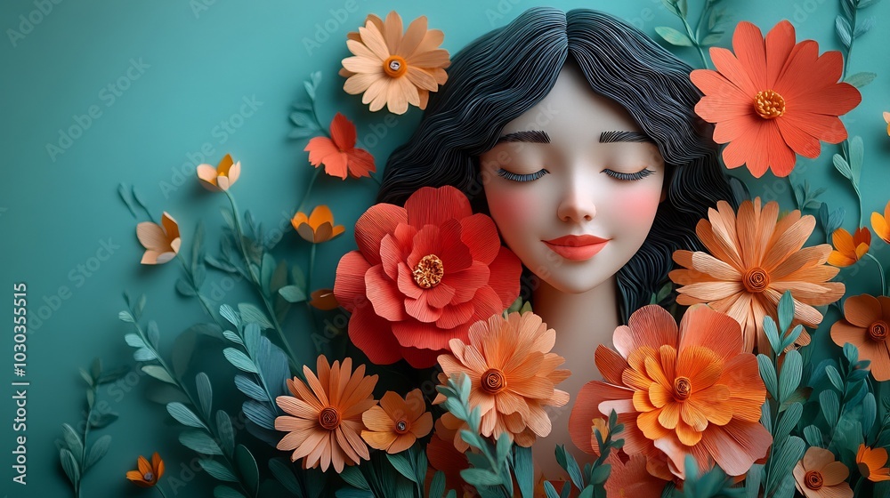 Delicate paper craft of happy woman holding a bouquet of flowers The design highlights the charm and festivity of Women's Day with soft harmonious colors