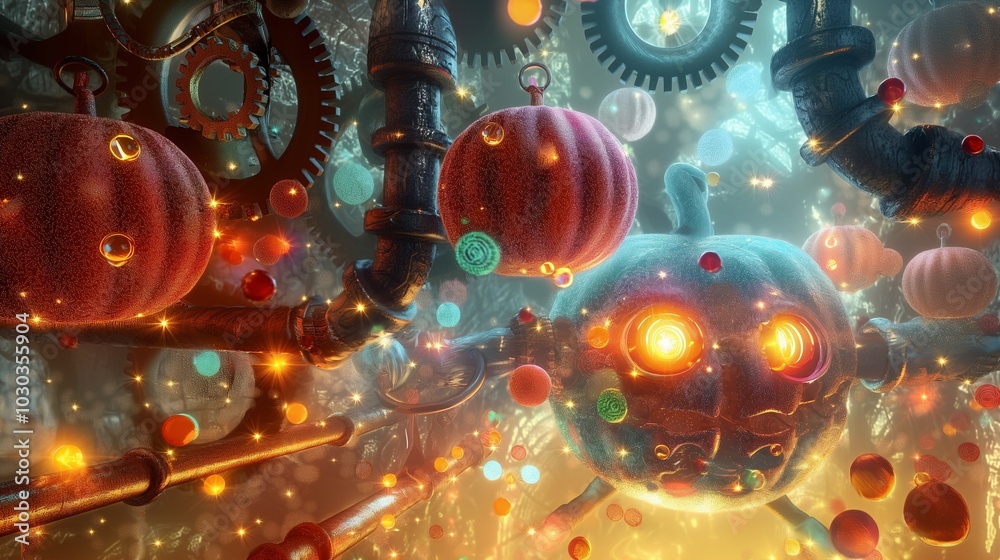 A playful steampunk Halloween scene featuring a glowing-eyed mechanical figure, surrounded by swirling, colorful candies. A playful steampunk Halloween scene featuring a glowing-eyed mechanical figure, surrounded by swirling, colorful candies.