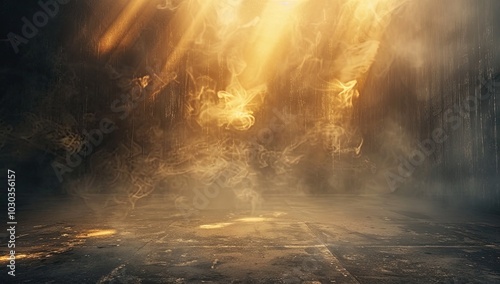 Abstract background of an empty street, concrete floor with smoke and golden light shining from above.