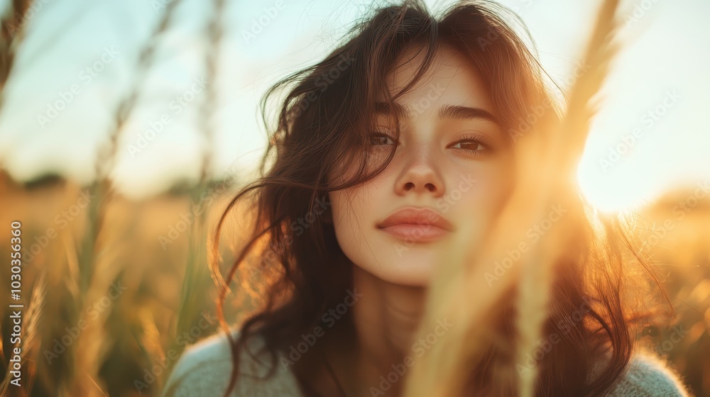 A sunlit portrait of a young woman with a gentle expression, captured in the golden hour amidst picturesque surroundings, creating a soft, dreamy atmosphere.