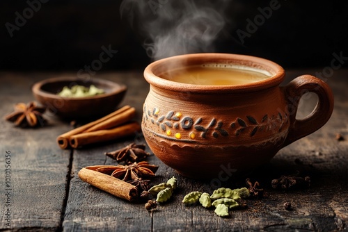 Steaming chai tea in a rustic clay cup with spices like cinnamon, star anise, and cardamom on a wooden table photo