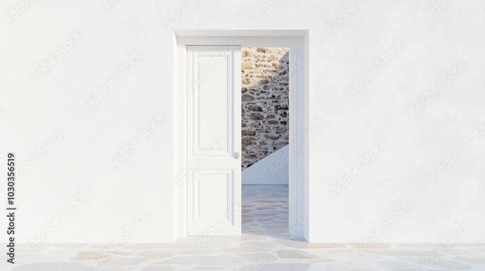 Open door in minimalist white room with white background room. The image of soft color gradation adds simplicity and beauty to the modern home. Open door in minimalist white room with white background room. The image of soft color gradation adds simplicity and beauty to the modern home.