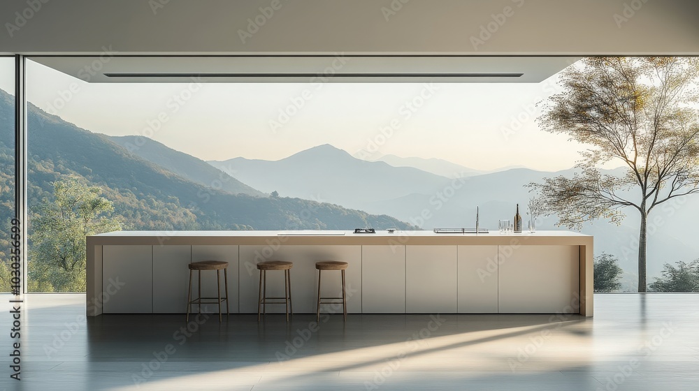A beautifully crafted minimalist kitchen with an island and elegant seating. The large window provides stunning views and natural light, making the space feel open and inviting A beautifully crafted minimalist kitchen with an island and elegant seating. The large window provides stunning views and natural light, making the space feel open and inviting