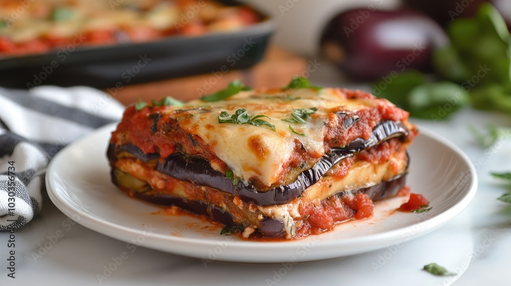 Delicious Slice of Eggplant Parmigiana on a Plate Delicious Slice of Eggplant Parmigiana on a Plate