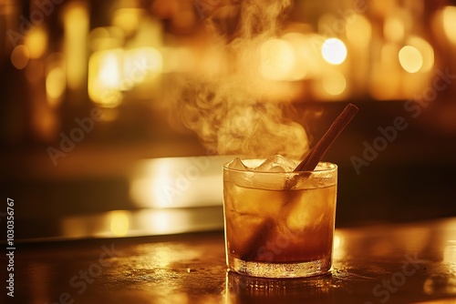 close-up of a grog cocktail being stirred with a cinnamon stick, the drink's steam rising into the air, placed on a bar counter with dim
