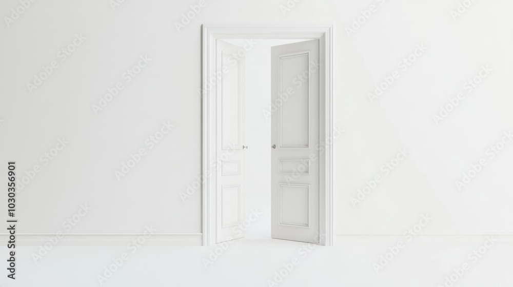 Open door in minimalist white room with white background room. The image of soft color gradation adds simplicity and beauty to the modern home. Open door in minimalist white room with white background room. The image of soft color gradation adds simplicity and beauty to the modern home.