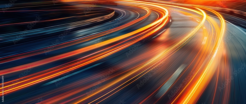 Abstract background with blurred road lines on the asphalt, speed and motion concept, futuristic design, dynamic composition. High-speed driving in a winding track with orange light trails Abstract background with blurred road lines on the asphalt, speed and motion concept, futuristic design, dynamic composition. High-speed driving in a winding track with orange light trails