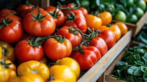 A display of fresh red and yellow tomatoes with leafy greens on a rustic wooden stand suggests a bountiful harvest and the freshness of farm produce.