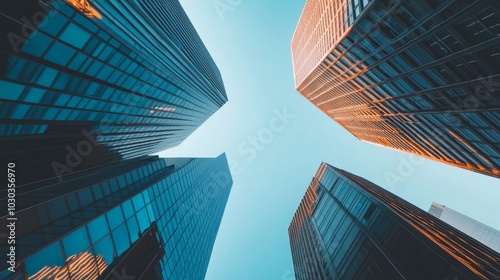 Wallpaper Mural Low-angle perspective of office towers, showcasing their soaring heights against a crisp blue sky in the financial hub Torontodigital.ca