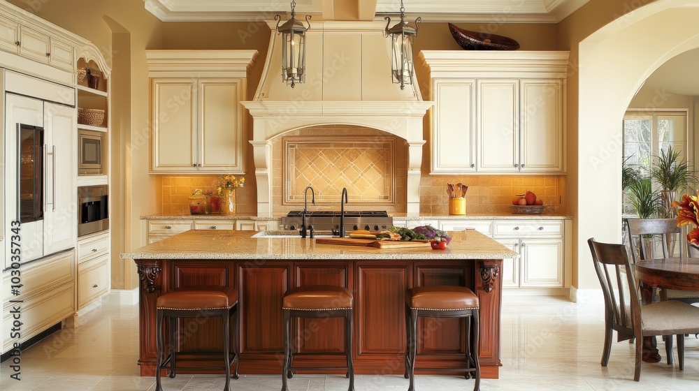 A beautifully designed kitchen features a spacious bar island, stylish cabinets, and a high-performance electric stove, creating an inviting environment for family gatherings and cooking A beautifully designed kitchen features a spacious bar island, stylish cabinets, and a high-performance electric stove, creating an inviting environment for family gatherings and cooking