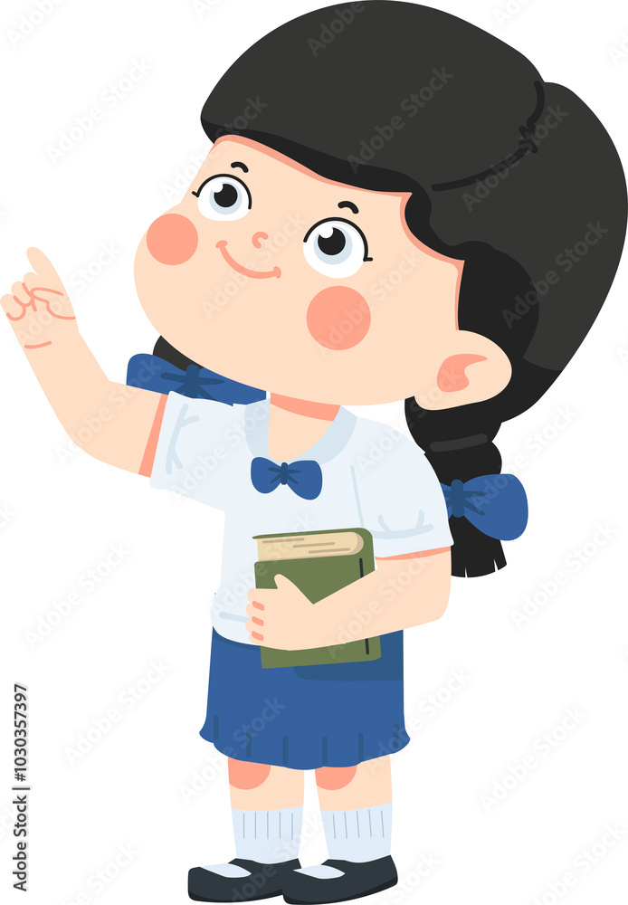 Kid girl student in school uniform pointing to something Kid girl student in school uniform pointing to something