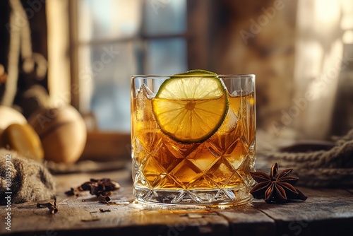 Iced cocktail grog in a glass with a lime slice, placed on a rustic wooden surface with star anise and soft sunlight photo