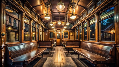 Experience the allure of a vintage tramâ€™s interior, softly glowing in low light, highlighting its historical significance and unique architectural features.