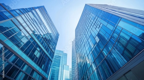 Office buildings with glass exteriors, shot from a low angle, reflecting the bright blue sky of a thriving financial district