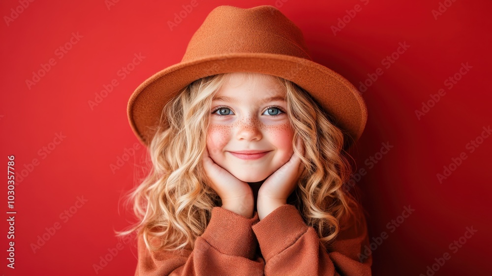 A joyful child with curly hair and freckles wears a brown hat, set against a vivid red background, exuding warmth and confidence and pure happiness. A joyful child with curly hair and freckles wears a brown hat, set against a vivid red background, exuding warmth and confidence and pure happiness.