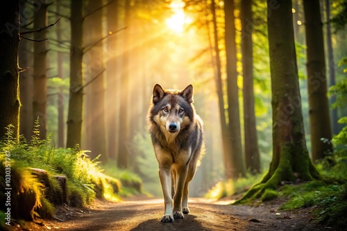 Leading lines wolf roaming forest path with sunlight filtering through trees capturing the essence of the wild