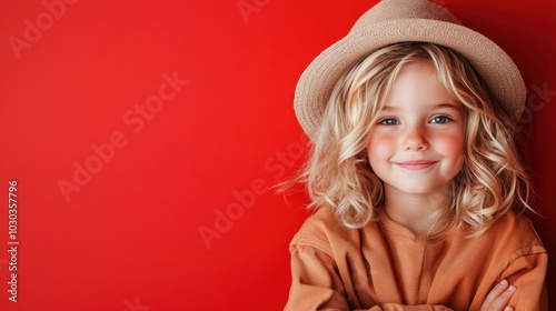 A cheerful young child with blonde hair and freckles, wearing a tan hat and brown sweater, poses happily against a bold red backdrop, radiating positivity. photo