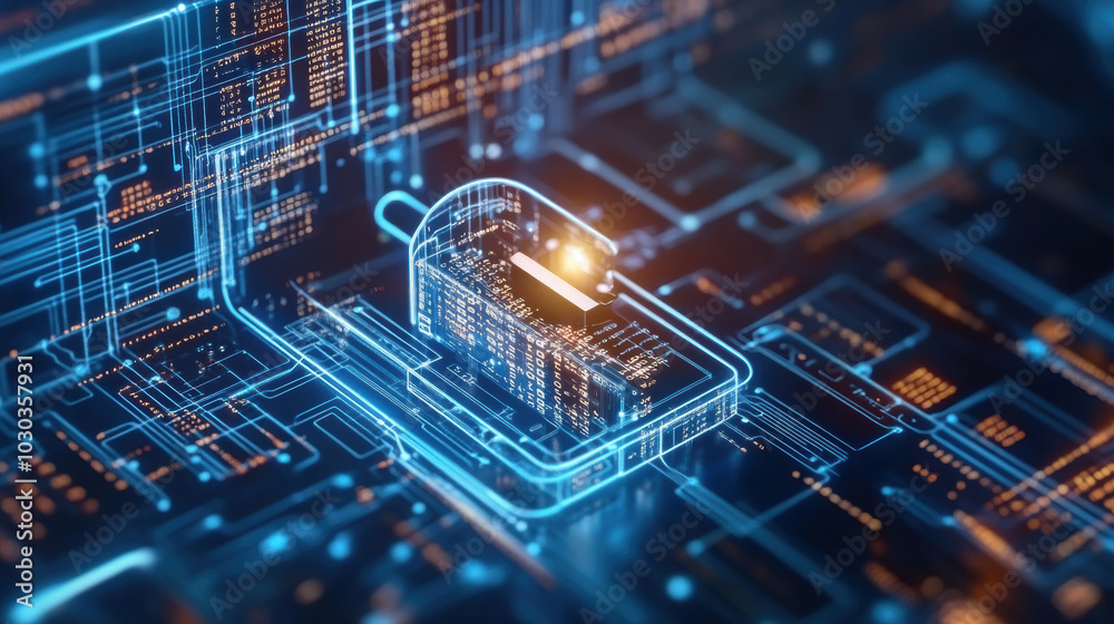 detailed glowing data key is being inserted into digital lock, symbolizing cybersecurity and data protection. vibrant blue circuitry enhances futuristic feel of technology