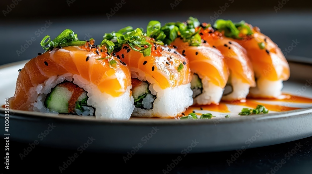 A stylish sushi roll topped with salmon, green onion, and sauce, served in a modern presentation. The vibrant colors and textures offer an artistic culinary experience. A stylish sushi roll topped with salmon, green onion, and sauce, served in a modern presentation. The vibrant colors and textures offer an artistic culinary experience.