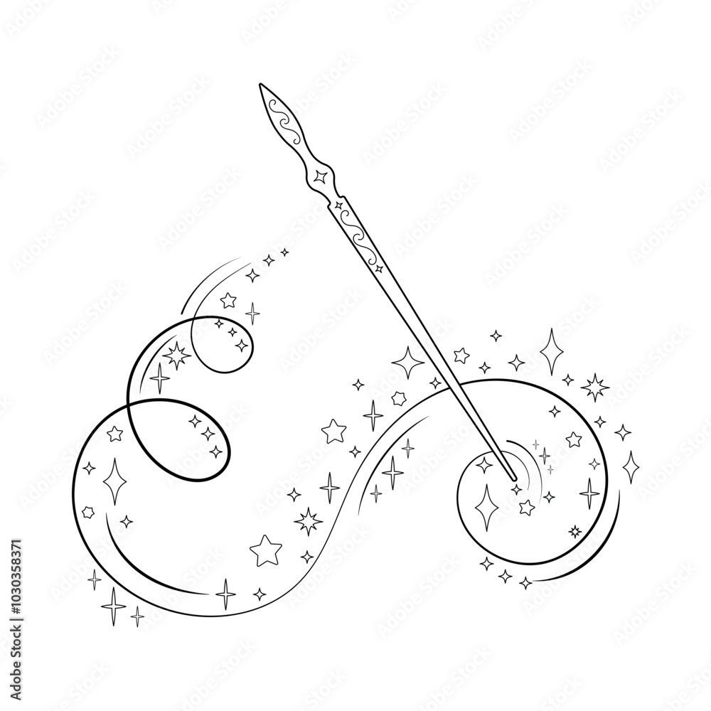Fototapeta premium Magic wand. Swirling movement of fairy dust. Stars, sparks, fairy sorcery. Silhouette of a magic wand and an incantation. Symbol of a miracle