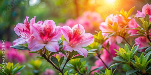 Delicate Pink Flowers in a Lush Garden Basking in the Warmth of the Evening Sun
