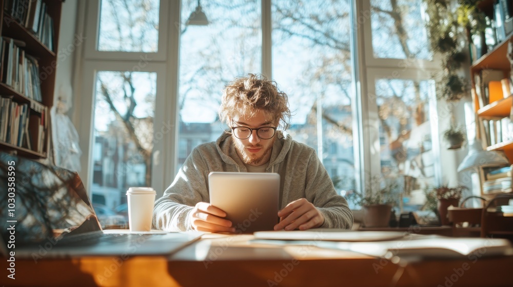 A young man, in a comfortable hoodie, reading intently on his tablet in a bright, sunlit library room, creating a serene and focused atmosphere. A young man, in a comfortable hoodie, reading intently on his tablet in a bright, sunlit library room, creating a serene and focused atmosphere.