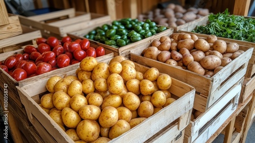 A variety of fresh vegetables, including tomatoes, potatoes, and cucumbers, are neatly arranged in wooden crates, showcasing a vibrant market scene. photo