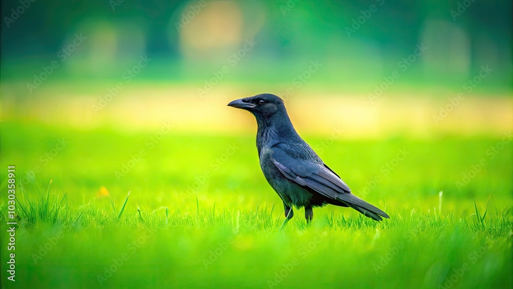 A serene outdoor landscape showcasing a simple black crow resting on lush green grass, embodying the peaceful harmony found in nature’s minimalist moments. A serene outdoor landscape showcasing a simple black crow resting on lush green grass, embodying the peaceful harmony found in nature’s minimalist moments.