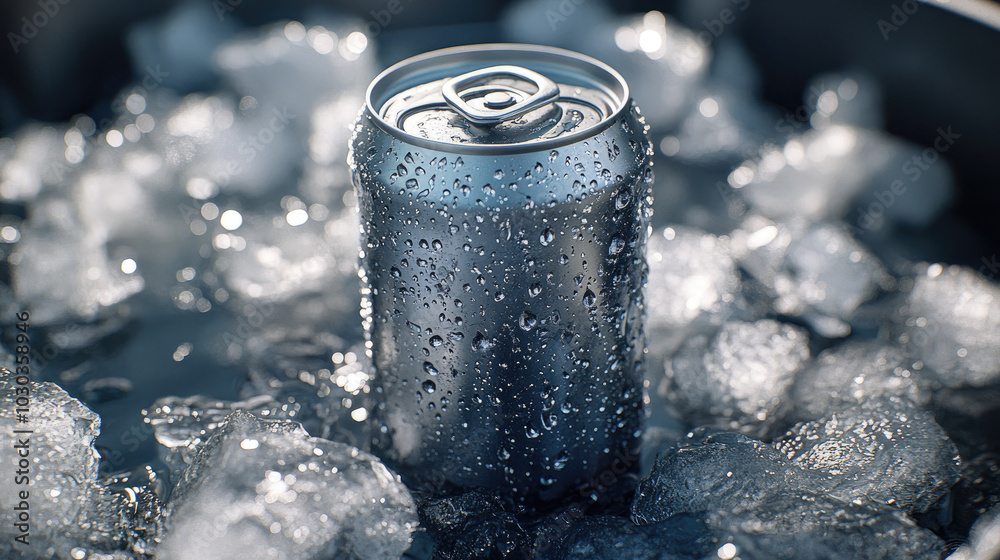 A cold beverage can surrounded by ice, with droplets of condensation visible on the can, set in a metallic cooler on a sunny day. A cold beverage can surrounded by ice, with droplets of condensation visible on the can, set in a metallic cooler on a sunny day.
