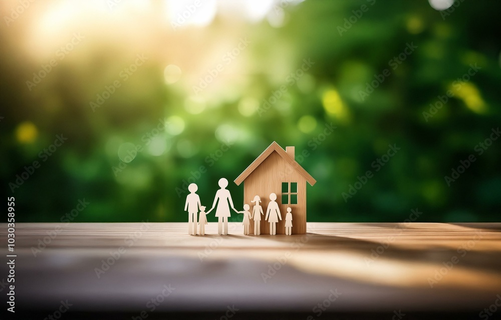 A wooden house model sits in front of a family made from paper, all on a wooden table with a green and white blurred background. A wooden house model sits in front of a family made from paper, all on a wooden table with a green and white blurred background.