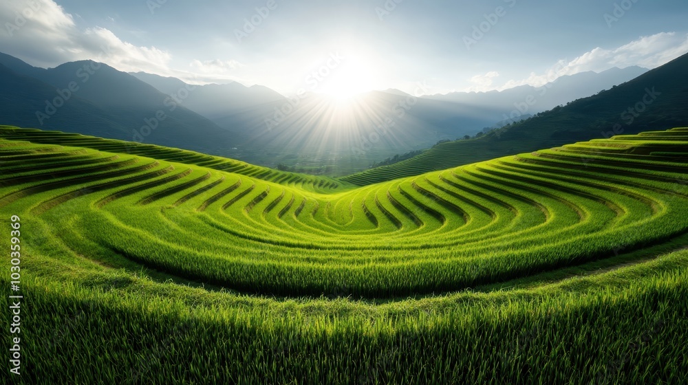 A breathtaking view of green terraced rice fields beautifully illuminated by the sun, creating a serene pattern against a backdrop of majestic mountains and clear skies. A breathtaking view of green terraced rice fields beautifully illuminated by the sun, creating a serene pattern against a backdrop of majestic mountains and clear skies.