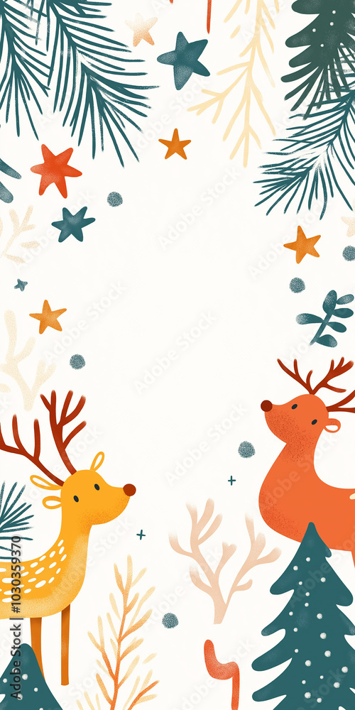 Fototapeta premium Minimalist Scandinavian Christmas Design: Reindeer and pines frame ample text space.