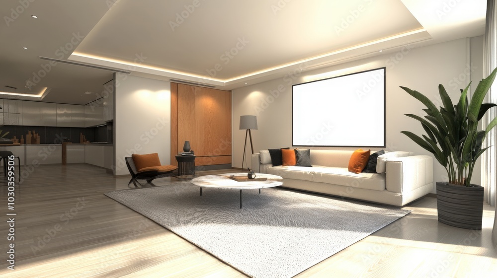 A beautifully rendered modern living room features a blank poster, providing endless possibilities for personalization. A beautifully rendered modern living room features a blank poster, providing endless possibilities for personalization.