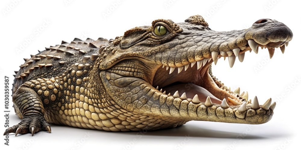 Naklejka premium A solitary crocodile set on a clean white backdrop, emphasizing its distinct appearance and fascinating details, ideal for nature and wildlife photography lovers.