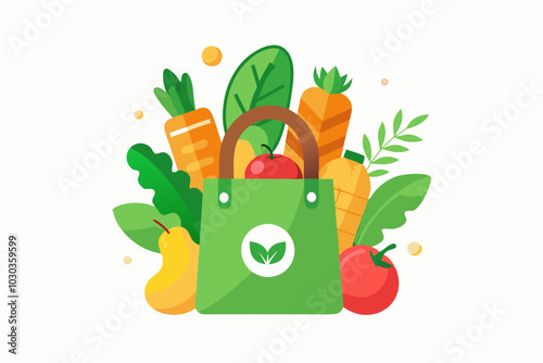 Eco-Friendly Grocery Bag with Fresh Produce Vector Illustration on White Background