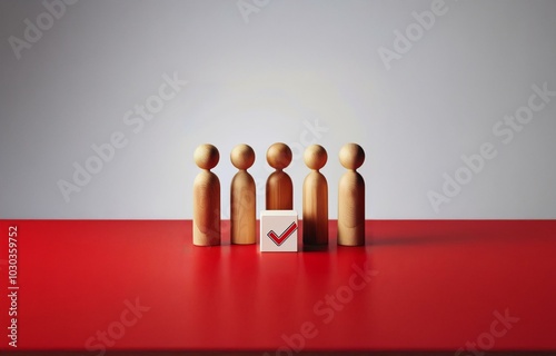 Five wooden figures stand in a row on a red surface. In front of them is a white block with a red checkmark.