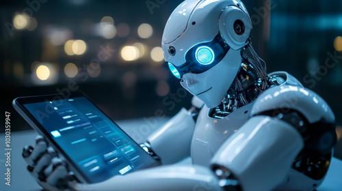 Artificial intelligence in smartphones. Mobile chatbot interface on your device. A cyborg or robot with an AI appearance emerging from the phone screen. Virtual assistant, internet helper, and web ser